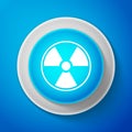 White Radioactive icon isolated on blue background. Radioactive toxic symbol. Radiation Hazard sign. Circle blue button Royalty Free Stock Photo