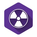 White Radioactive icon isolated with long shadow. Radioactive toxic symbol. Radiation Hazard sign. Purple hexagon button Royalty Free Stock Photo