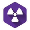 White Radioactive icon isolated with long shadow. Radioactive toxic symbol. Radiation Hazard sign. Purple hexagon button Royalty Free Stock Photo