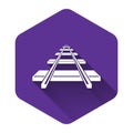 White Railroad icon isolated with long shadow. Purple hexagon button