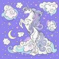 White, rainbow unicorn among the clouds on a lilac background. Fantastic animal. Vector