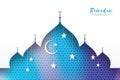 White Ramadan Kareem Greeting card. Arabic window Mosque, clouds, gold stars. Paper cut style. Arabesque pattern Royalty Free Stock Photo