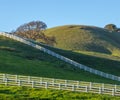 A white ranch fence is running diagonally up a green grass hillside. Royalty Free Stock Photo