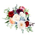 White ranunculus, classic red rose, protea, magenta peony, dahlia