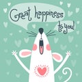 White rat congratulates and wishes great happiness to you. Greeting card with a cute mouse. Vector illustration Royalty Free Stock Photo