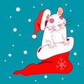 The white rat in a New Year`s cap and sock Royalty Free Stock Photo