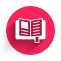 White Reading book icon isolated with long shadow. Red circle button. Vector