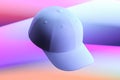 White Realistic Blank Cap on Multicolored Gradient Background Illuminated By Light. Copy Space. 3d Rendering.