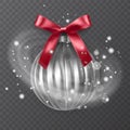 White, realistic Christmas ball, decorated with a red bow. Snow frost effect on transparent background. Vector illustration Royalty Free Stock Photo