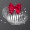 White, realistic Christmas ball, decorated with a red bow. Snow frost effect on transparent background. Vector illustration Royalty Free Stock Photo
