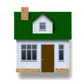 White realistic house with green roof in front view