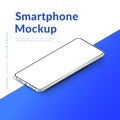 White realistic isometric smartphone mockup. 3d mobile phone with blank white screen. Modern cell phone template on