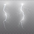 White realistic lightning. Thunder spark light on transparent background. Illuminated realistic path of thunder and many Royalty Free Stock Photo
