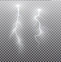 White realistic lightning. Thunder spark light on transparent background. Illuminated realistic path of thunder and many Royalty Free Stock Photo