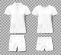 White realistic male polo shirt and sport shorts design template. Set of t-shirts, men classic polo mockup isolated Royalty Free Stock Photo