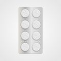 White realistic medical pills in blister pack.