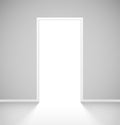 White realistic open door with light in empty room interior Royalty Free Stock Photo