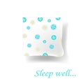 White realistic pillow with funny blue and beige buttons print and text sleep well. Baby nursery bedroom decor