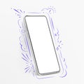 White realistic smartphone mockup with hand drawn elements. 3d mobile phone with blank white screen. Modern cell phone Royalty Free Stock Photo