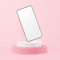 White realistic smartphone mockup on podium. 3d mobile phone with blank white screen. Modern cell phone template on pink Royalty Free Stock Photo