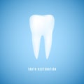 White realistic tooth illustration. Clear health Molar. Dentist care and tooth restoration medicine background on blue background