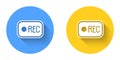 White Record button icon isolated with long shadow background. Rec button. Circle button. Vector Royalty Free Stock Photo