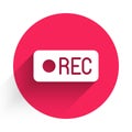 White Record button icon isolated with long shadow. Rec button. Red circle button. Vector Royalty Free Stock Photo