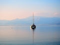 Catamaran Anchored in Calm Gulf of Corinth Bay, Greece