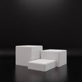 White rectangle cube product showcase table on black background. Abstract minimal geometry concept. Studio podium platform.