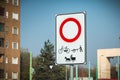 White rectangle sign road forbidden to bike cart and horses Royalty Free Stock Photo