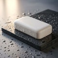 A white rectangular bar of soap is resting on a dark smooth slate Royalty Free Stock Photo