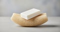 A white rectangular bar of soap rests on a natural loofah sponge. The sponge has a coarse, fibrous Royalty Free Stock Photo