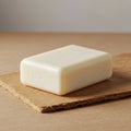 A white rectangular bar of soap rests on a piece of textured brown cardboard. The Royalty Free Stock Photo