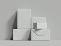 White rectangular boxes stand next to the grey wall, 3d rendering