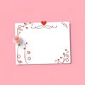 White rectangular card with decorative swirling vines red hearts and a single pink rose Royalty Free Stock Photo