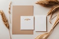 White rectangular cards rest atop a larger beige envelope on a light surface. The beige envelope features Royalty Free Stock Photo