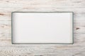 White rectangular empty open box, top view on white wooden background. top view Royalty Free Stock Photo