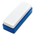 White Rectangular Eraser with Blue Plastic Holder on White Background image photo Royalty Free Stock Photo