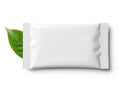 A white rectangular package with a green leaf resting on top against a white background Royalty Free Stock Photo