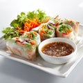 Fresh Spring Rolls With Vibrant Vegetables And Dipping Sauce On A White Plate Royalty Free Stock Photo