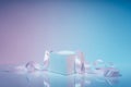 White rectangular podium with satin ribbon on neon tbackground Royalty Free Stock Photo