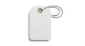 White rectangular tag with clipped corners attached to a ball chain. The tag features a circular Royalty Free Stock Photo
