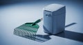 A white rectangular trash can with lid sits beside a green garden rake with long handle in minimalist 3D rendered scene with light Royalty Free Stock Photo