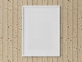 White rectangular vertical frame hanging on a wooden wall mockup 3D rendering