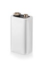 White rectangular 9-volt battery isolated on a clean white background