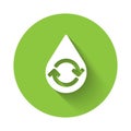 White Recycle clean aqua icon isolated with long shadow. Drop of water with sign recycling. Green circle button. Vector Royalty Free Stock Photo