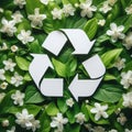 A white recycling symbol on a background of green leaves and white flowers.