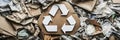 White recycling symbol on cardboard stack heap