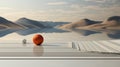 A white and red ball on a table in outdoor landscape