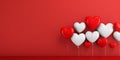 white-red balloons in shape of hearts,3D style,located left,standing out against red background